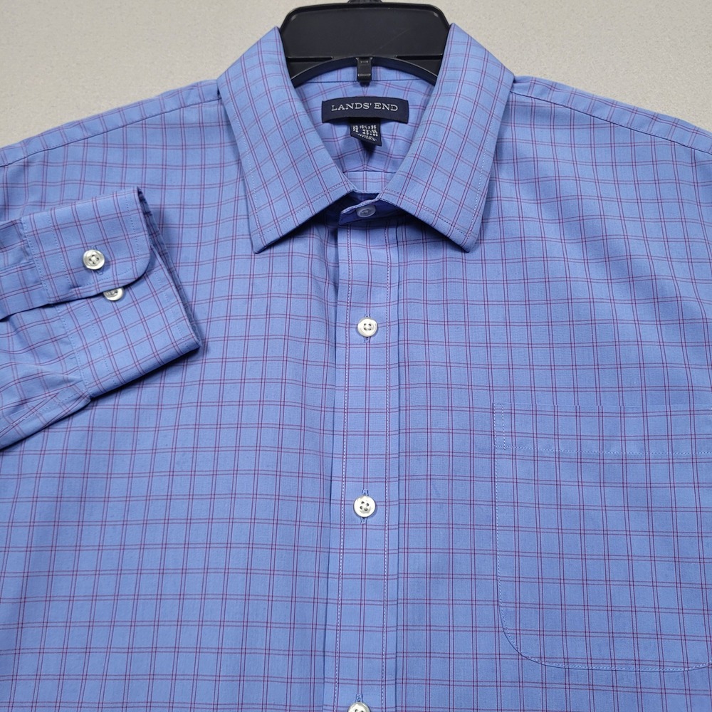 Lands End Mens Blue Plaid Long Sleeve Button Down Dress Shirt 15.5 x 35